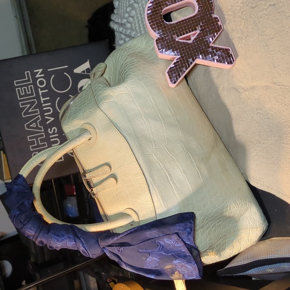 Furla Cream Satchel with Navy Scarf Accent NOW ONLY $130 - Picture 2 of 10